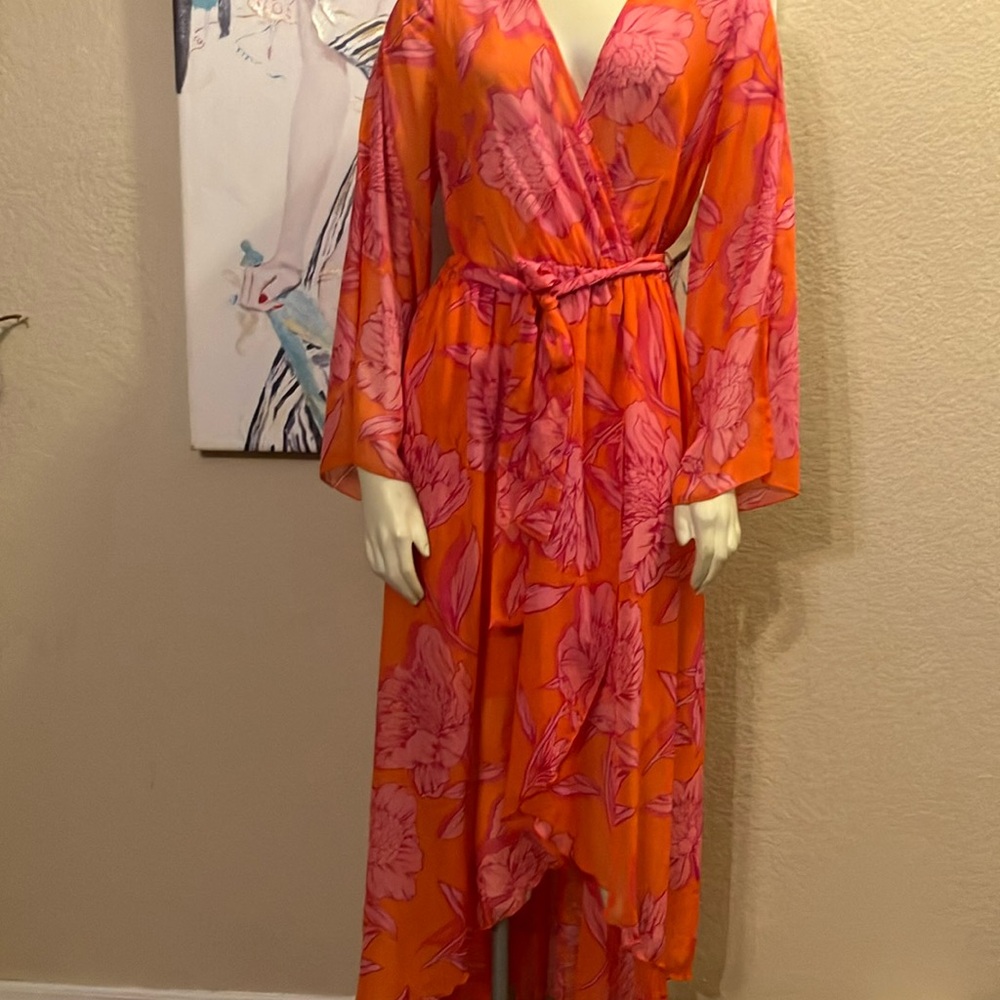 Vibrant Orange and Pink Floral Wrap Dress